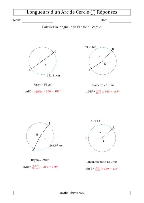 Calcul de l'Angle d'un Arc de Cercle en Tenant Compte de la Circonférence, la Diamètre ou du Rayon (J) page 2