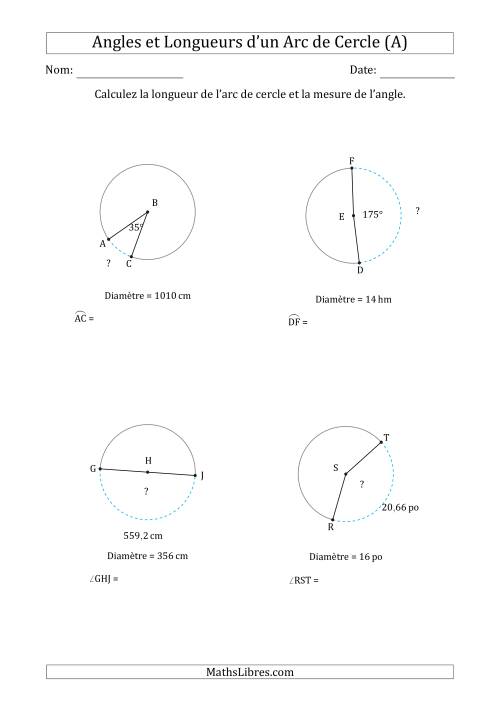 Calcul de l'Angle ou de la Longueur d'un Arc de Cercle en Tenant Compte de la Diamètre (A)