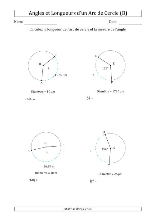 Calcul de l'Angle ou de la Longueur d'un Arc de Cercle en Tenant Compte de la Diamètre (B)