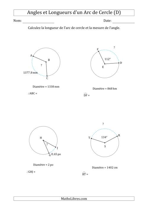 Calcul de l'Angle ou de la Longueur d'un Arc de Cercle en Tenant Compte de la Diamètre (D)