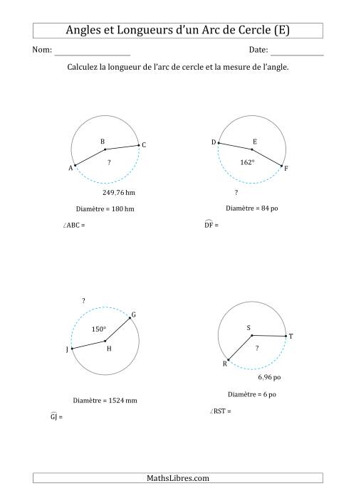 Calcul de l'Angle ou de la Longueur d'un Arc de Cercle en Tenant Compte de la Diamètre (E)