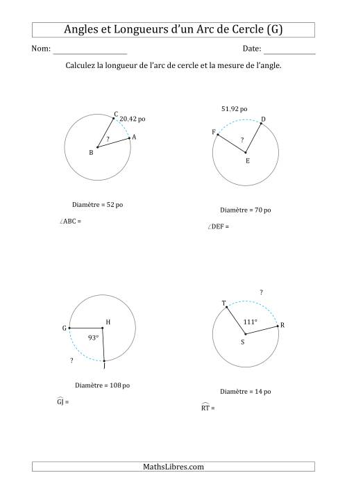 Calcul de l'Angle ou de la Longueur d'un Arc de Cercle en Tenant Compte de la Diamètre (G)