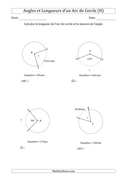 Calcul de l'Angle ou de la Longueur d'un Arc de Cercle en Tenant Compte de la Diamètre (H)