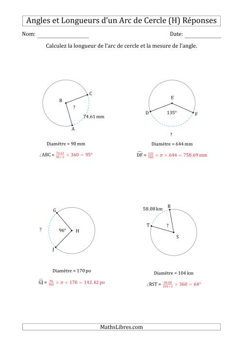Calcul de l'Angle ou de la Longueur d'un Arc de Cercle en Tenant Compte de la Diamètre (H) page 2
