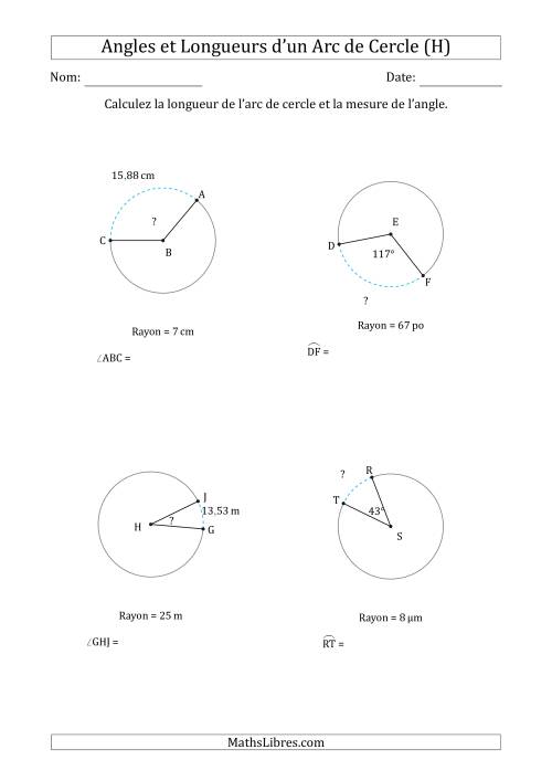 Calcul de l'Angle ou de la Longueur d'un Arc de Cercle en Tenant Compte du Rayon (H)