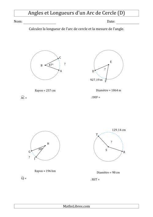 Calcul de l'Angle ou de la Longueur d'un Arc de Cercle en Tenant Compte du Rayon ou de la Diamètre (D)