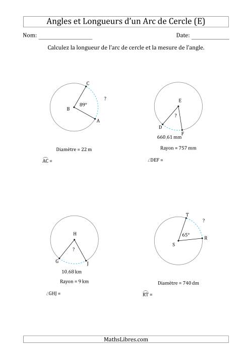 Calcul de l'Angle ou de la Longueur d'un Arc de Cercle en Tenant Compte du Rayon ou de la Diamètre (E)