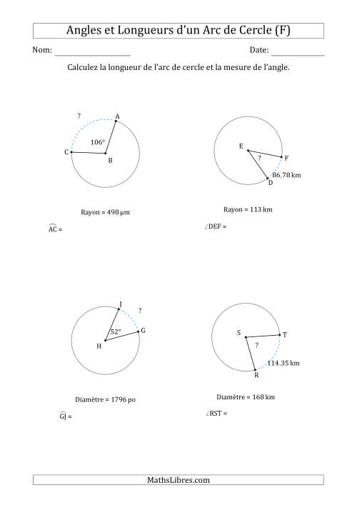 Calcul de l'Angle ou de la Longueur d'un Arc de Cercle en Tenant Compte du Rayon ou de la Diamètre (F)