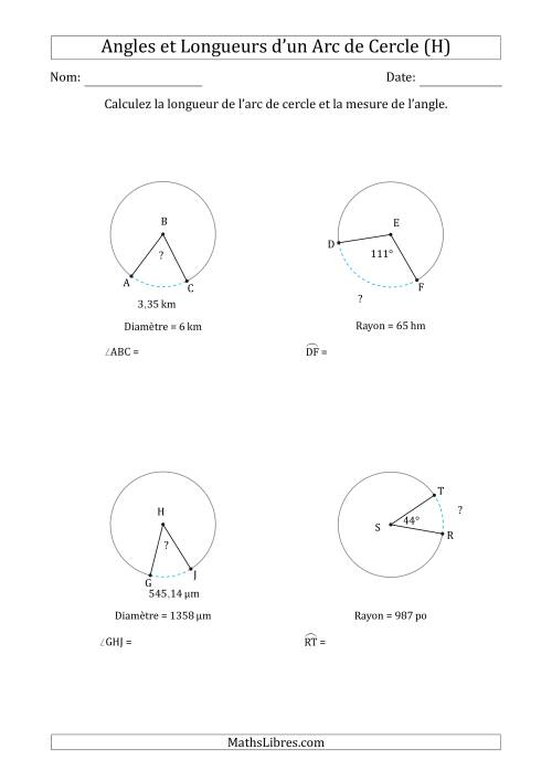 Calcul de l'Angle ou de la Longueur d'un Arc de Cercle en Tenant Compte du Rayon ou de la Diamètre (H)