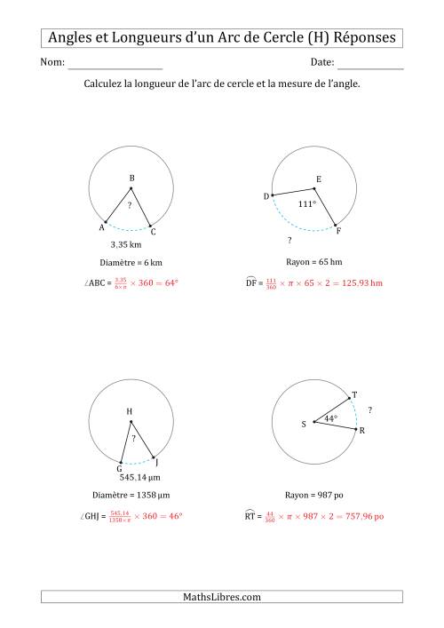 Calcul de l'Angle ou de la Longueur d'un Arc de Cercle en Tenant Compte du Rayon ou de la Diamètre (H) page 2