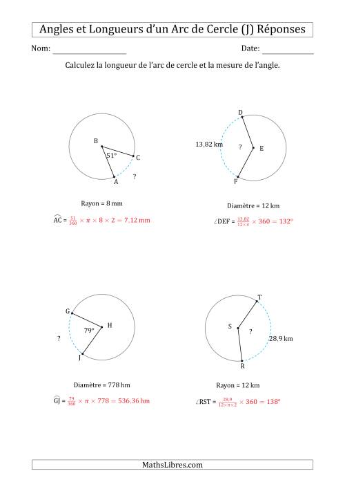 Calcul de l'Angle ou de la Longueur d'un Arc de Cercle en Tenant Compte du Rayon ou de la Diamètre (J) page 2