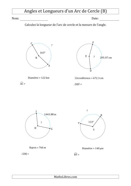 Calcul l’Angle ou de la Longueur d’un Arc de Cercle en Tenant Compte de la Circonférence, du Rayon ou de la Diamètre (B)
