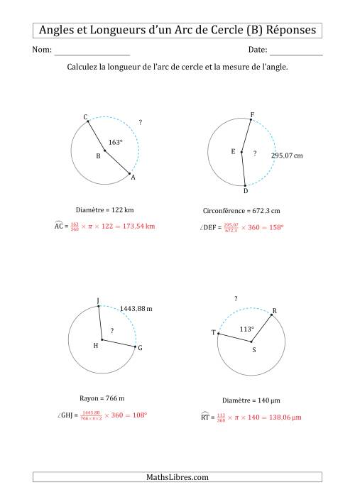 Calcul l’Angle ou de la Longueur d’un Arc de Cercle en Tenant Compte de la Circonférence, du Rayon ou de la Diamètre (B) page 2