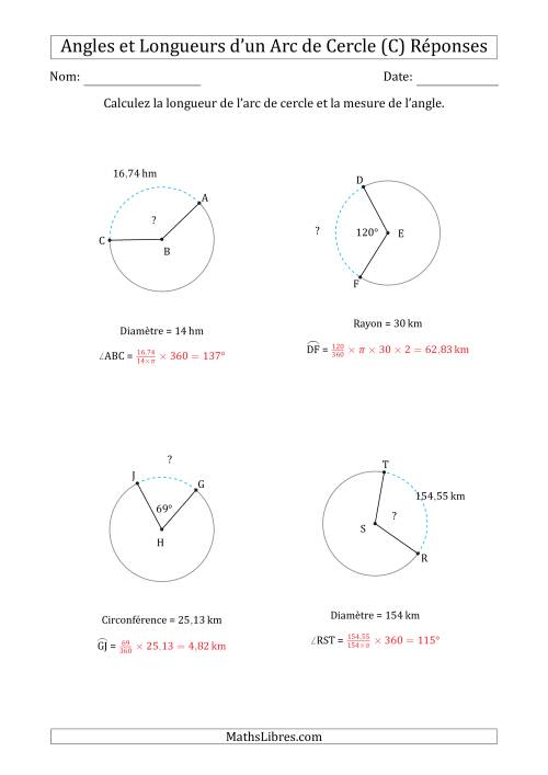 Calcul l’Angle ou de la Longueur d’un Arc de Cercle en Tenant Compte de la Circonférence, du Rayon ou de la Diamètre (C) page 2