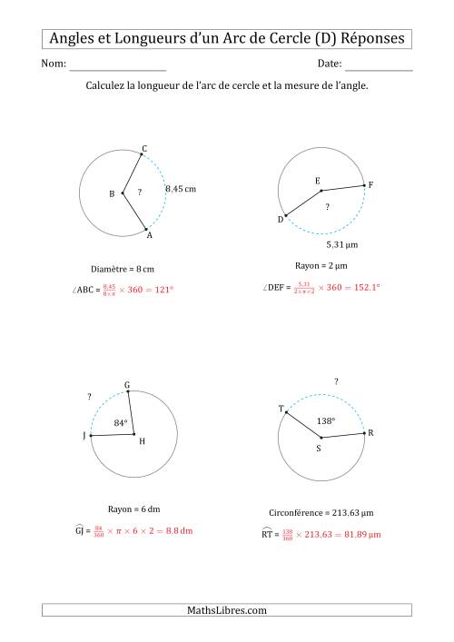 Calcul l’Angle ou de la Longueur d’un Arc de Cercle en Tenant Compte de la Circonférence, du Rayon ou de la Diamètre (D) page 2