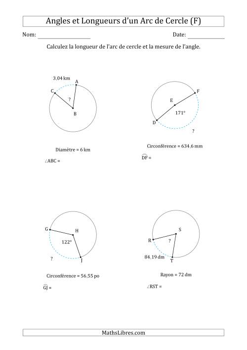Calcul l’Angle ou de la Longueur d’un Arc de Cercle en Tenant Compte de la Circonférence, du Rayon ou de la Diamètre (F)