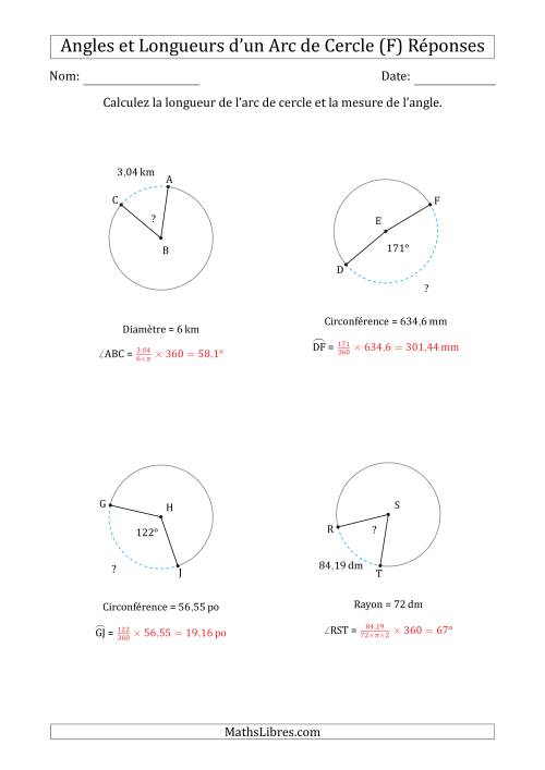 Calcul l’Angle ou de la Longueur d’un Arc de Cercle en Tenant Compte de la Circonférence, du Rayon ou de la Diamètre (F) page 2