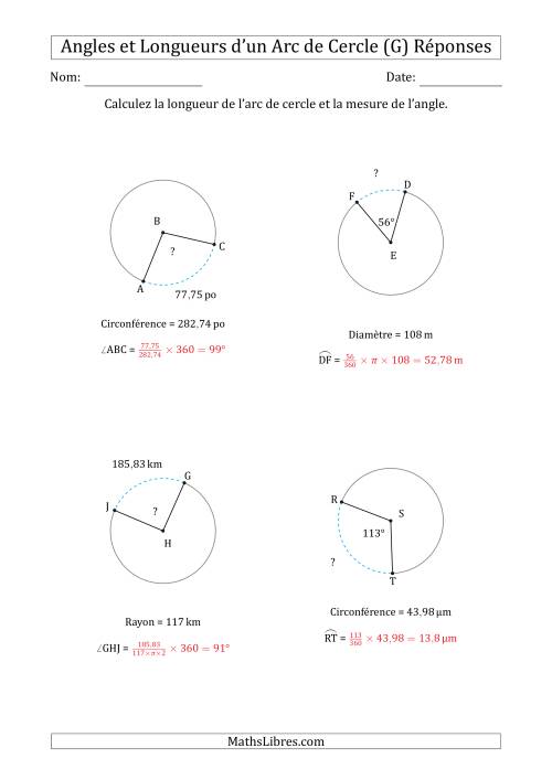 Calcul l’Angle ou de la Longueur d’un Arc de Cercle en Tenant Compte de la Circonférence, du Rayon ou de la Diamètre (G) page 2