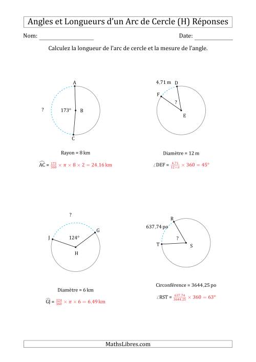 Calcul l’Angle ou de la Longueur d’un Arc de Cercle en Tenant Compte de la Circonférence, du Rayon ou de la Diamètre (H) page 2