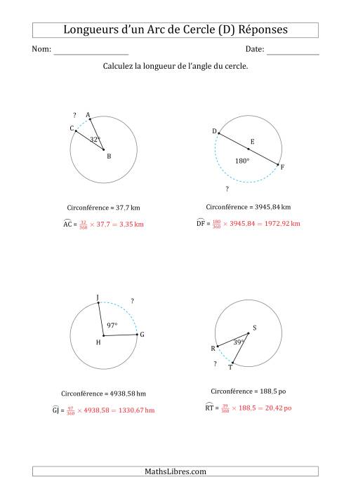 Calcul de la Longueur d'un Arc de Cercle en Tenant Compte de la Circonférence (D) page 2