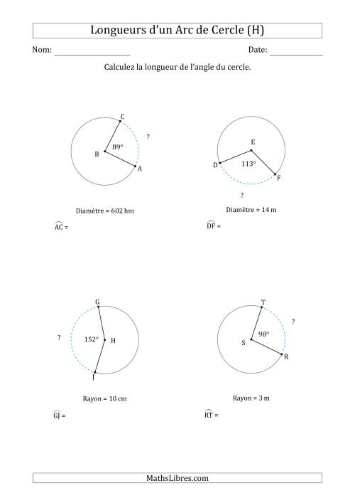 Calcul de la Longueur d'un Arc de Cercle en Tenant Compte de la Diamètre ou du Rayon (H)
