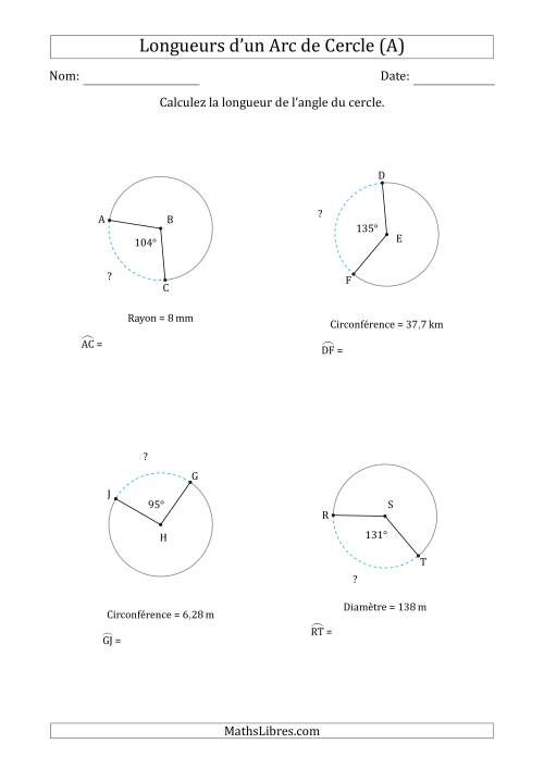 Calcul de la Longueur d'un Arc de Cercle en Tenant Compte de la Circonférence, la Diamètre ou du Rayon (A)