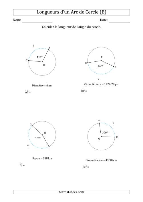 Calcul de la Longueur d'un Arc de Cercle en Tenant Compte de la Circonférence, la Diamètre ou du Rayon (B)