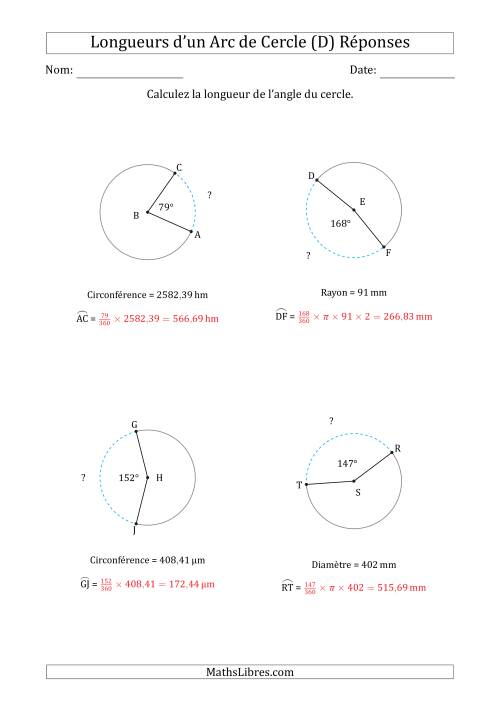 Calcul de la Longueur d'un Arc de Cercle en Tenant Compte de la Circonférence, la Diamètre ou du Rayon (D) page 2
