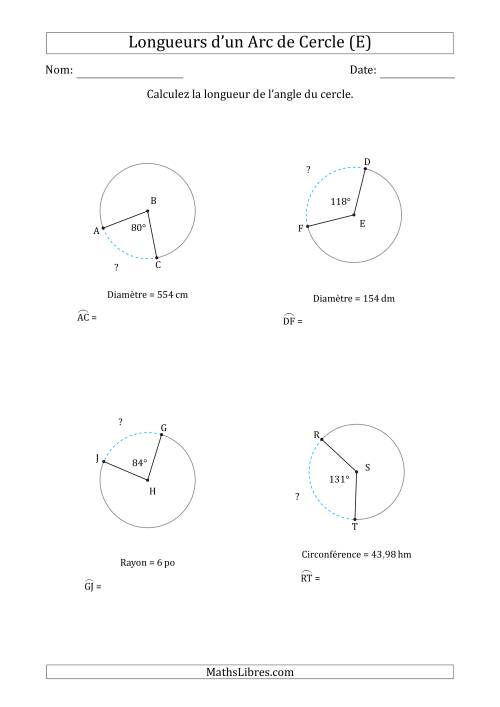 Calcul de la Longueur d'un Arc de Cercle en Tenant Compte de la Circonférence, la Diamètre ou du Rayon (E)