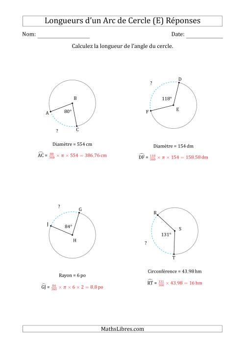 Calcul de la Longueur d'un Arc de Cercle en Tenant Compte de la Circonférence, la Diamètre ou du Rayon (E) page 2