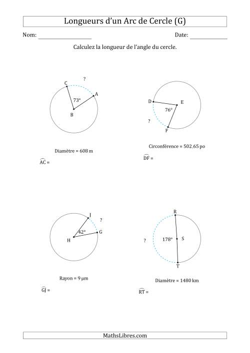 Calcul de la Longueur d'un Arc de Cercle en Tenant Compte de la Circonférence, la Diamètre ou du Rayon (G)
