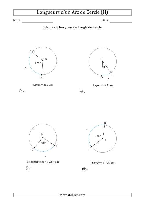 Calcul de la Longueur d'un Arc de Cercle en Tenant Compte de la Circonférence, la Diamètre ou du Rayon (H)
