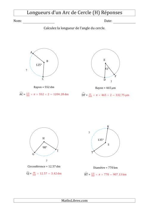 Calcul de la Longueur d'un Arc de Cercle en Tenant Compte de la Circonférence, la Diamètre ou du Rayon (H) page 2