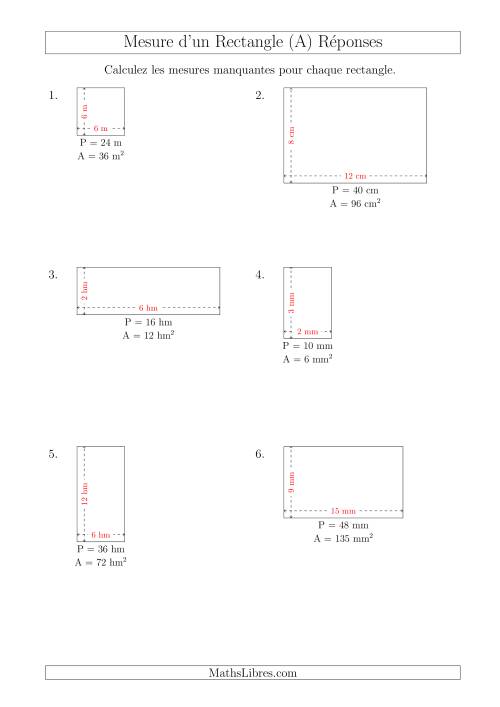 Calcul de la Longueur et la Largeur des Rectangles (Avec de Petits Nombres Entiers) (A) page 2
