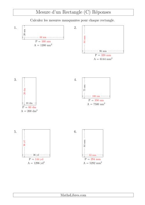 Calcul du Perimètre, Longueur ou Largeur des Rectangles (Avec de Larges Nombres Entiers) (C) page 2
