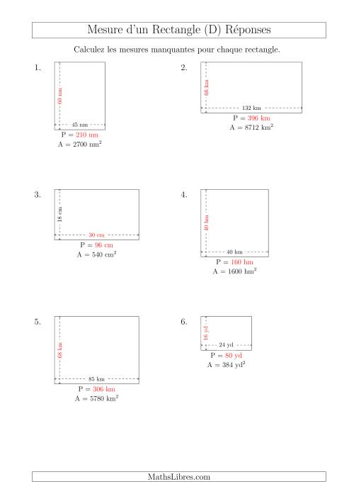 Calcul du Perimètre, Longueur ou Largeur des Rectangles (Avec de Larges Nombres Entiers) (D) page 2