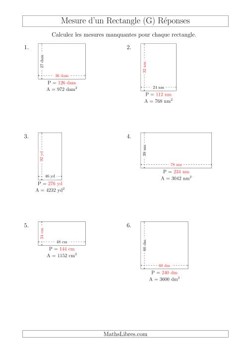 Calcul du Perimètre, Longueur ou Largeur des Rectangles (Avec de Larges Nombres Entiers) (G) page 2
