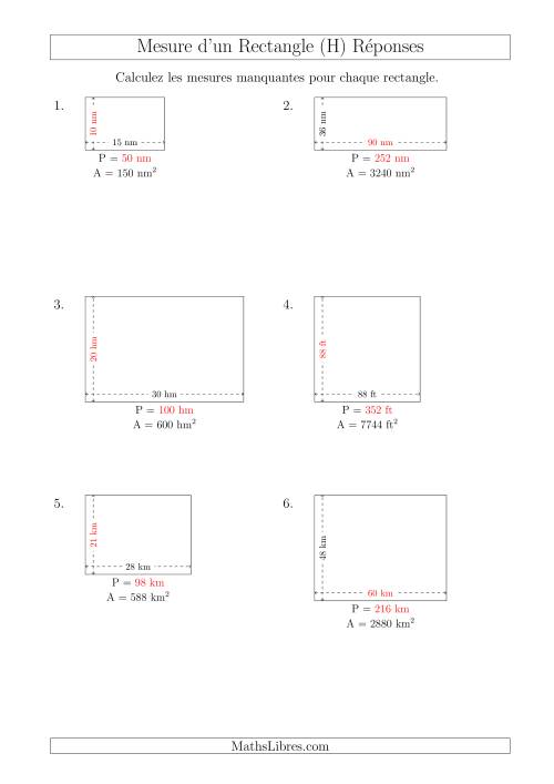 Calcul du Perimètre, Longueur ou Largeur des Rectangles (Avec de Larges Nombres Entiers) (H) page 2