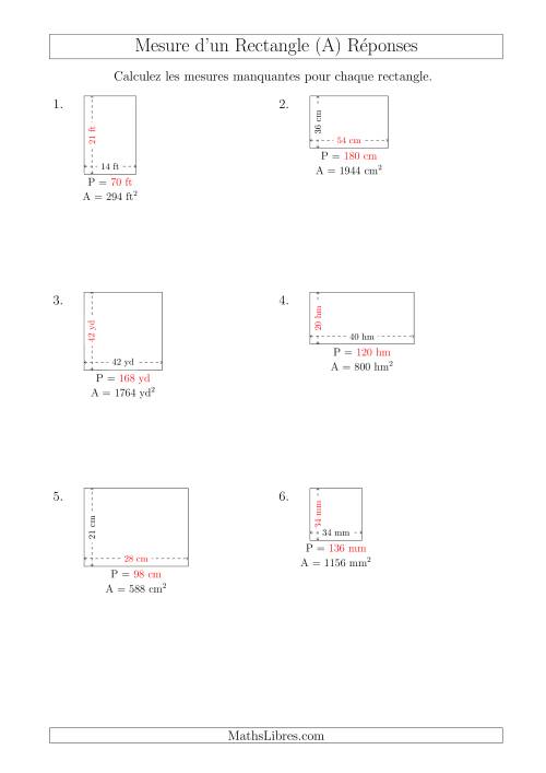 Calcul du Perimètre, Longueur ou Largeur des Rectangles (Avec de Larges Nombres Entiers) (Tout) page 2