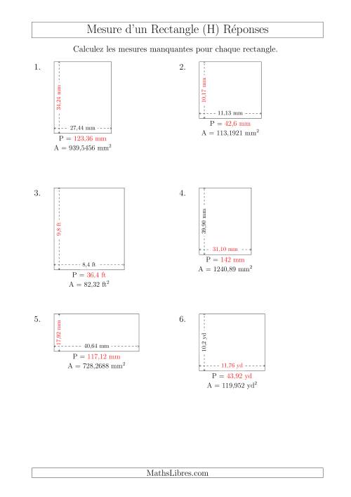Calcul du Perimètre, Longueur ou Largeur des Rectangles (Avec des Nombres Décimaux) (H) page 2