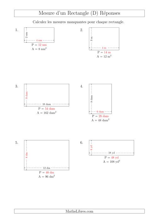Calcul de l'Aire, Longueur ou Largeur des Rectangles (Avec de Petits Nombres Entiers) (D) page 2