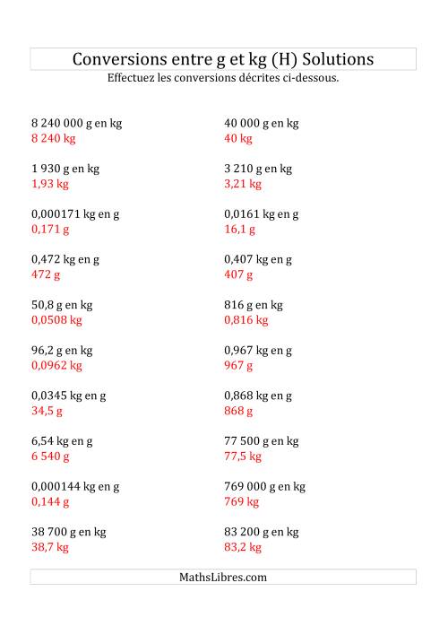 Conversions métriques -- Grammes et kilogrammes (H) page 2