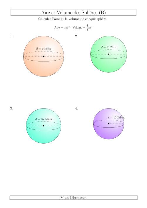 Calcul de l’Aire et du Volume des Sphères (Nombres Décimaux au Dixième Près) (B)