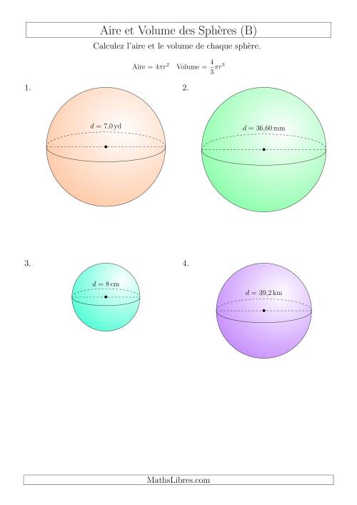 Calcul de l’Aire et du Volume des Sphères (Nombres Entiers  Décimaux Mixtes) (B)