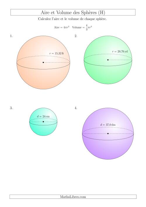 Calcul de l’Aire et du Volume des Sphères (Nombres Entiers  Décimaux Mixtes) (H)