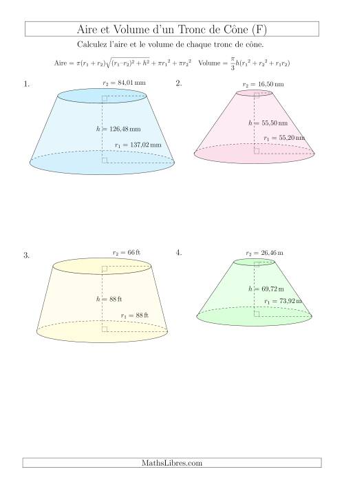 Calcul de l’Aire et du Volume d’un Tronc de Cône (Nombres Entiers  Décimaux Mixtes) (F)