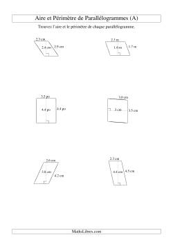 Aire et périmètre de parallélogrammes (jusqu'à 1 décimale; variation 1-5)