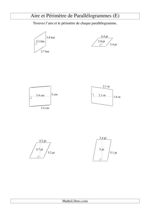 Aire et périmètre de parallélogrammes (jusqu'à 1 décimale; variation 1-5) (E)