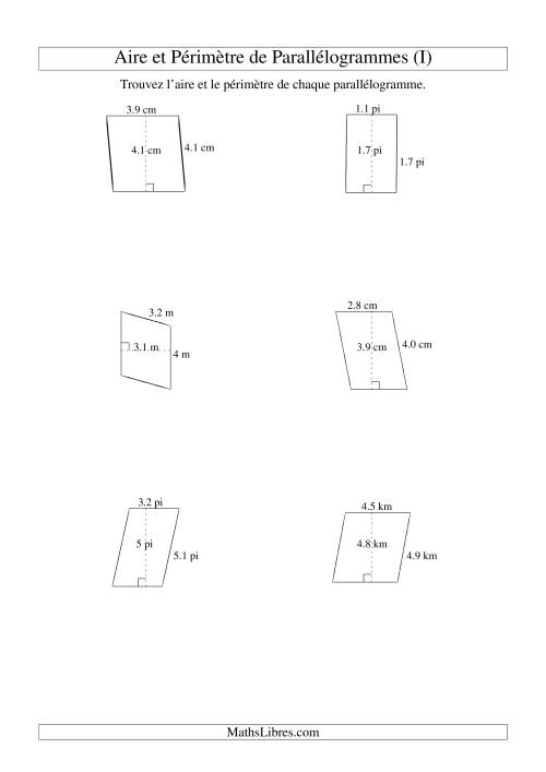 Aire et périmètre de parallélogrammes (jusqu'à 1 décimale; variation 1-5) (I)