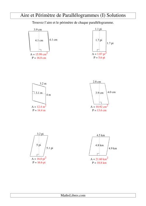 Aire et périmètre de parallélogrammes (jusqu'à 1 décimale; variation 1-5) (I) page 2